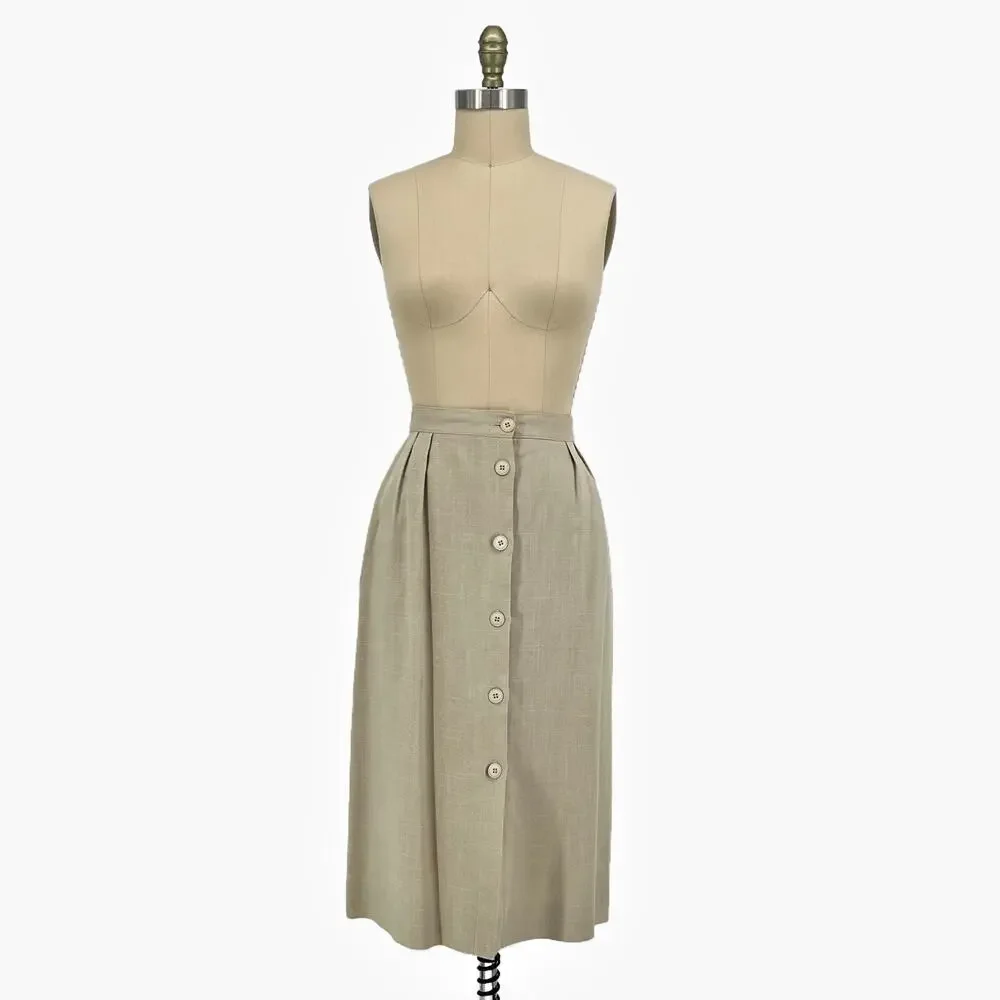 Vintage 70s/80s Jones New York Beige Linen Button Front Midi Skirt Large - Picture 2 of 10